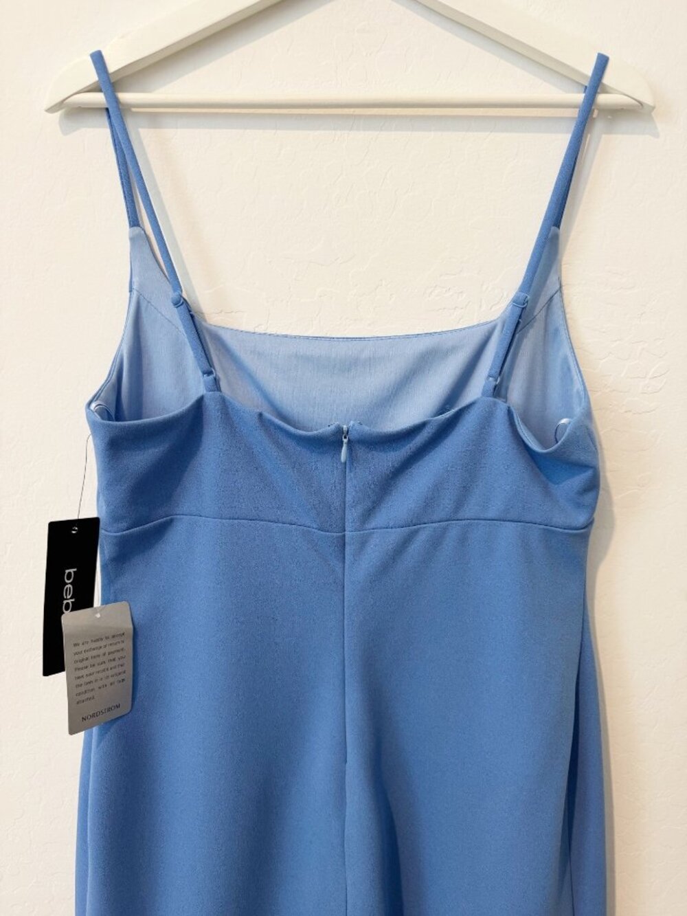 Bebe Ruffle Hem Dress Size Large Wedgewood Blue Square Neck Pastel Cocktail Glam - Picture 11 of 12